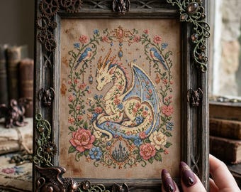 Cottagecore Dragon Cross Stitch Pattern: Romantic Floral Fantasy Embroidery PDF