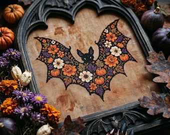 Floral Bat Pumpkin Cross Stitch Pattern: Gothic Orange Pumpkin Halloween Embroidery (PDF)