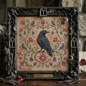 May include: Cross-stitch of a black raven surrounded by red flowers, bluebells, and blue birds. The artwork is framed in a dark, ornate frame with gothic accents, including bats, moons, and decorative embellishments. The text "Corvus in antiquo - MMXXIV" is visible.