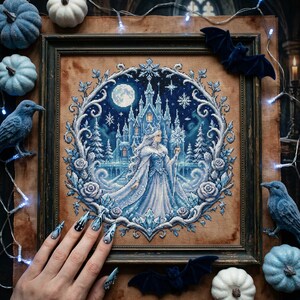 This stunning cross stitch pattern features an elegant ice queen standing before a glowing frozen castle under a full moon. Her flowing gown and cape are rendered in soft icy blues and whites, creating a shimmering, frost-like effect. The background is filled with delicate snowflakes and a deep winter night sky, enhancing the magical atmosphere. Surrounding the scene is an ornate circular frame of frosted roses and swirling icy branches, adding depth and decorative richness. This design is perfe