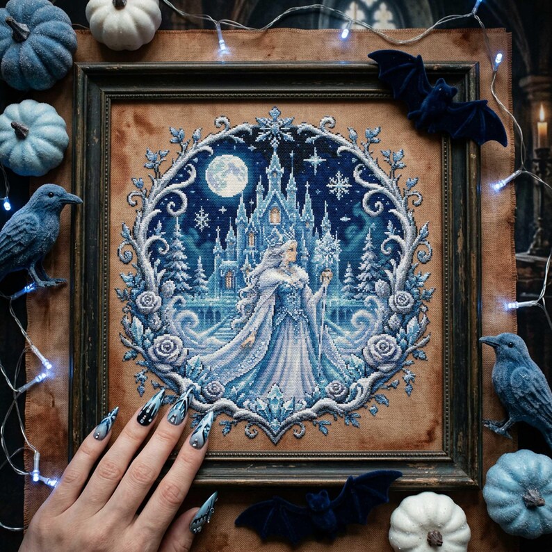 This stunning cross stitch pattern features an elegant ice queen standing before a glowing frozen castle under a full moon. Her flowing gown and cape are rendered in soft icy blues and whites, creating a shimmering, frost-like effect. The background is filled with delicate snowflakes and a deep winter night sky, enhancing the magical atmosphere. Surrounding the scene is an ornate circular frame of frosted roses and swirling icy branches, adding depth and decorative richness. This design is perfe