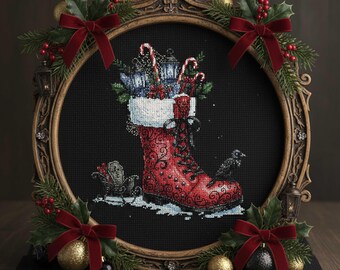 Patrón de punto de cruz de bota de Papá Noel festiva: Faroles navideños vintage, bordado de bastones de caramelo (PDF)