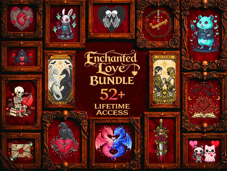 A bold gothic fantasy cross stitch bundle mockup designed to showcase a massive embroidery pattern collection. The center text reads “515+ Entire Shop Cross Stitch Bundle – Lifetime Access,” emphasizing a complete digital library of printable PDF cross stitch designs. Surrounding embroidery hoops display detailed stitched artwork including gothic dragons, arcane. This image highlights a premium embroidery bundle ideal for gothic, fantasy, Halloween, and witchcraft-inspired stitching projects.