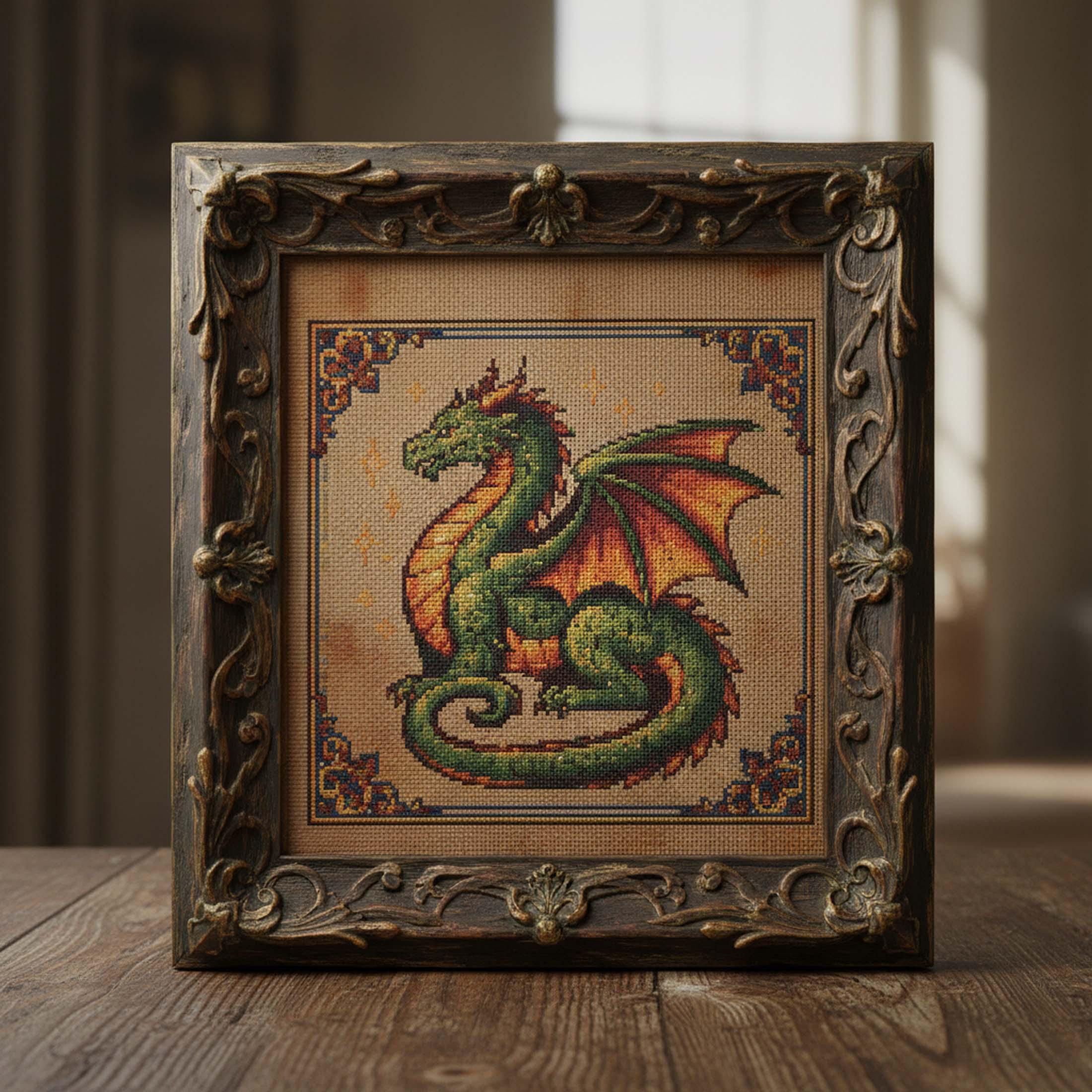 Green Fire Dragon Cross Stitch Pattern: Medieval Fantasy Dragon ...