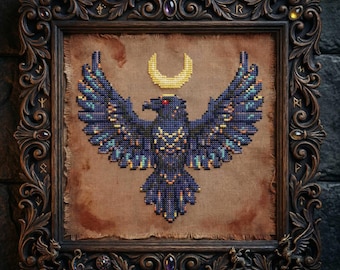 Celestial Raven Cross Stitch Pattern: Lunar Gothic Winged Emblem Embroidery PDF