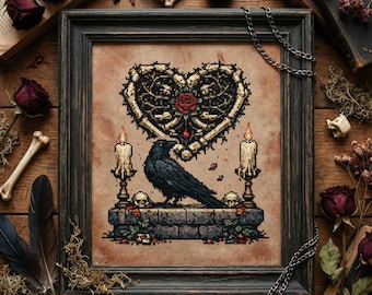 Valentine Cross Stitch Pattern Gothic Raven Beneath Skeletal Heart with Candles Embroidery (PDF)