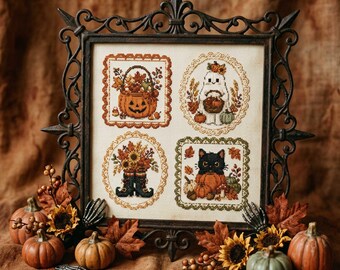 Autumn Halloween Minis Cross Stitch Pattern: Pumpkin Boot Black Cat Ghost Embroidery PDF