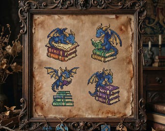 Wizard Baby Dragon Cross Stitch Pattern: Reading Dragons & Magic Books Fantasy Embroidery (PDF)