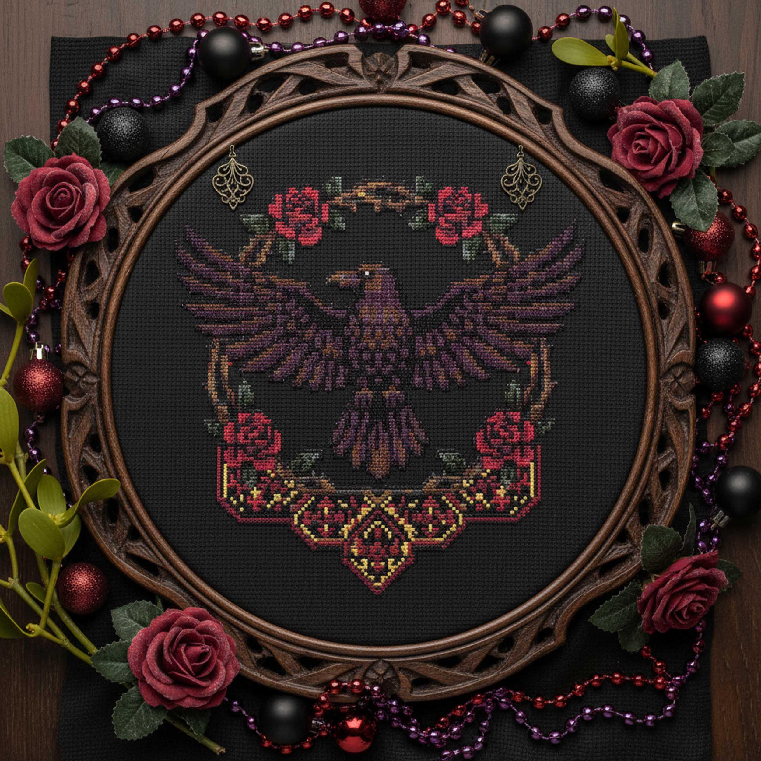 Gothic Raven Cross Stitch Pattern: Red Roses & Ornate Gold Frame Dark ...