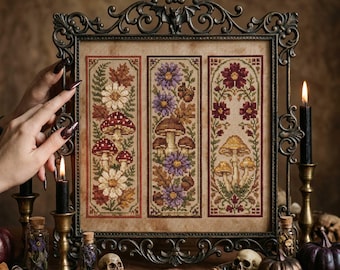 Patrón de punto de cruz para marcapáginas de setas: Bordado floral otoñal estilo cottagecore en PDF