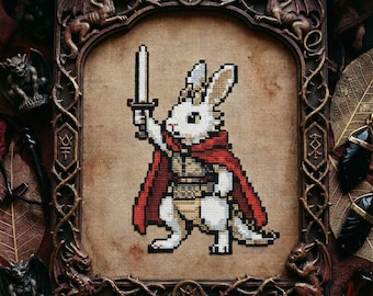 Patrón de punto de cruz de conejo héroe: Valiente caballero conejo con espada bordado en formato pixel art (PDF)