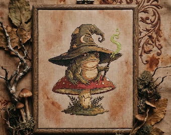 Schema punto croce rana maga fungo: ricamo fantasy incantatore verde PDF