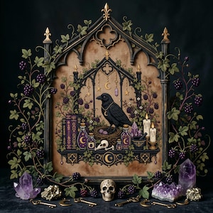 May include: A framed cross-stitch artwork featuring a black raven in a nest, surrounded by purple blackberries, books, potion bottles, a skull, and candles. The frame is ornate with gothic arches, gold accents, and hanging moon and star charms.