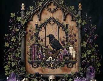 Raven Cross Stitch Pattern: Gothic Apothecary Shelf Dark Academia Moonlit Embroidery (PDF)