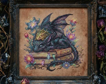Enchanted Garden Dragon Cross Stitch Pattern: Cozy Sleeping Dragon & Spell Books Embroidery PDF