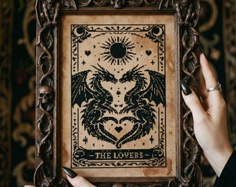 Patrón de punto de cruz del Tarot del Dragón de los Enamorados: Bordado de dragones gemelos de fantasía gótica (PDF)
