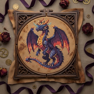 May include: Cross-stitch embroidery of a dragon with a crown, wings, and a long tail. The dragon is in shades of purple, orange, and yellow. The embroidery is set in a wooden frame with a decorative border. The background is a tan fabric.