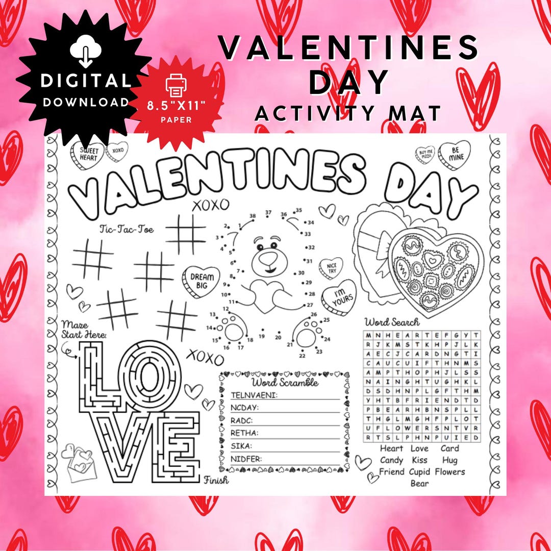 Valentine's Day Activity Placemat, Kids Puzzles, Coloring Page (PDF ...