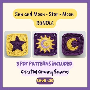 Patrón PDF del paquete cuadrado de la abuela Sol, Luna y Estrella • Motivos de crochet celestiales • Descarga digital fácil