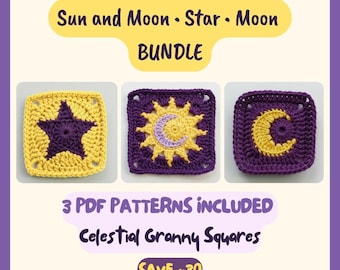 Sun Moon Star Granny Square Bundle Pattern PDF • Celestial Crochet Motifs • Easy Digital Download