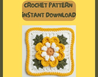 Daisy Flower Granny Square Pattern • Crochet Square PDF • Floral Motif Pattern  • Instant Download