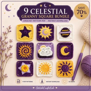 Celestial Granny Square Crochet Patterns Bundle • 9 Sun, Moon, Star Motifs (PDF Download)