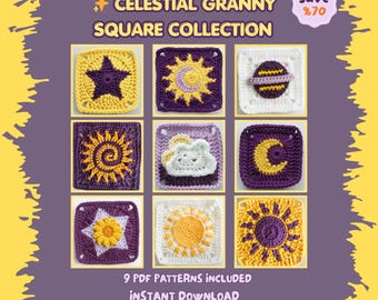 Celestial Granny Square Crochet Patterns Bundle • 9 Sun, Moon, Star Motifs (PDF Download)