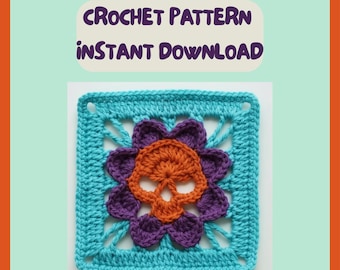 Skull Flower Granny Square Pattern • Spooky Gothic Crochet Square Tutorial • Easy PDF Digital Download