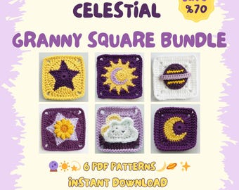 6 Celestial Granny Square Patterns PDF Bundle • Sun Moon Star Cloud Space Starburst • Galaxy Crochet Motif Collection • Instant Download