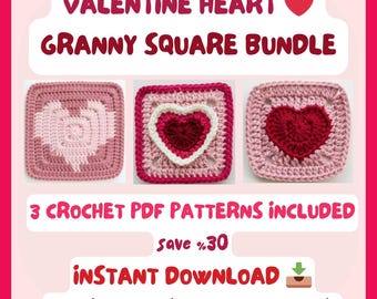 Valentine Heart Granny Square Bundle • 3 Crochet PDF Patterns • Love Motifs • Instant Digital Download