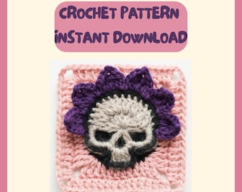 Crown Skull Granny Square Crochet Pattern • Halloween Skeleton Motif (PDF Download)