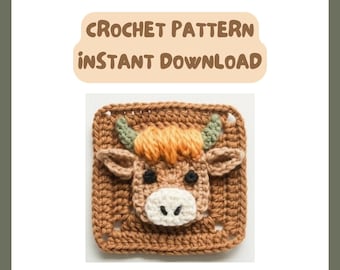 Highland Cow Granny Square Crochet Pattern PDF • Cute Farm Animal Crochet Motif • Cow Granny Square Tutorial • Instant Digital Download