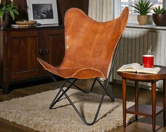 Handmade Leather Butterfly Chair - Brown, French Country Style