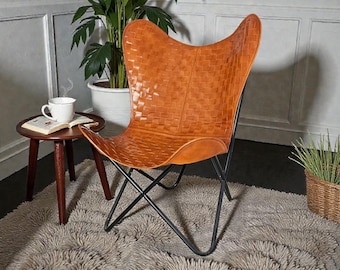 Handgemaakte leren vlinderstoel, opklapbare loungestoel