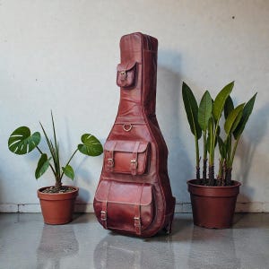 May include: A burgundy leather guitar case with pockets and brass buckles. The case is tall and slender, with a rounded bottom and a handle at the top. Two potted plants flank the case.