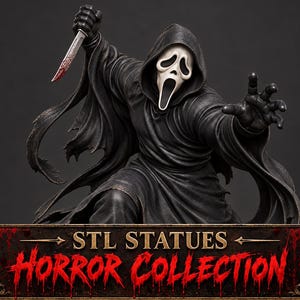 May include: A detailed figurine of a cloaked figure wearing a white ghost mask with an open mouth, holding a silver knife with red blood stains. The figure is crouched in a dynamic pose. Below, a banner reads STL STATUES HORROR COLLECTION.