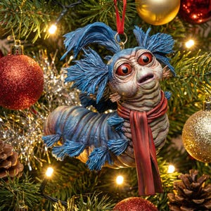 May include: A detailed Christmas ornament shaped like a blue and tan creature with large red eyes and a red scarf. The ornament is hanging on a Christmas tree with other ornaments and lights.
