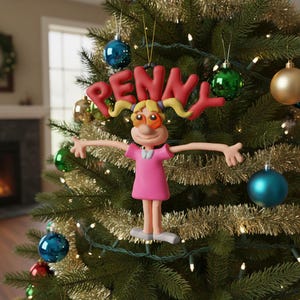 May include: A Christmas tree decoration depicting a cartoon character named Penny. The ornament is pink, with the name "PENNY" in red letters above the character's head. The character has blonde pigtails and orange glasses. The ornament hangs on a decorated Christmas tree.