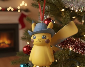 Van Gogh Pikachu 3D Printable Christmas Ornament with Grey Felt Hat STL File