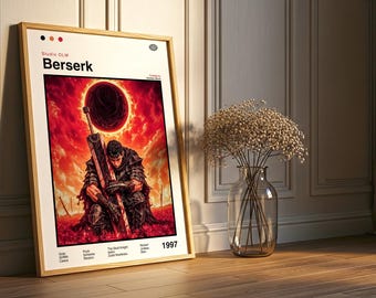 May include: Framed art print featuring the word "Berserk" in bold letters. The artwork depicts a warrior with a large sword against a fiery red background. The print is in a wooden frame and leans against a wall.