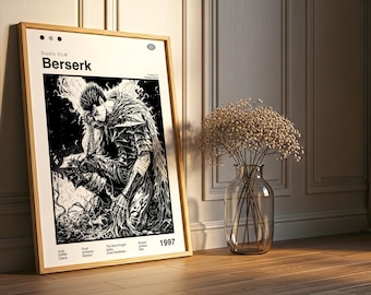 Könnte beinhalten: Ein gerahmter Kunstdruck mit einer Schwarz-Weiß-Illustration aus der Manga-Serie "Berserk". Das Kunstwerk zeigt eine Figur in detaillierter Rüstung. Der Druck enthält den Titel "Berserk" und das Jahr 1997.