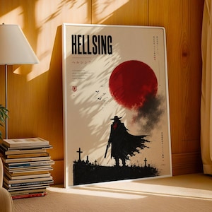 May include: A rectangular poster featuring the text HELLSING in bold black letters at the top. The artwork displays a silhouette of a figure in a wide-brimmed hat and long coat standing in a graveyard under a large, dark red sun with black smoke.