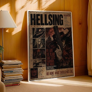 May include: A rectangular poster featuring the Hellsing anime series with a dark, gothic aesthetic. The design includes the title Hellsing in bold black letters, multiple character illustrations, and text that reads We are the blade that cuts through the night.