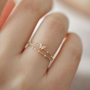 Double Layer Butterfly Zircon Ring | Adjustable Gold & Silver Ring for Women | Dainty Statement Jewelry