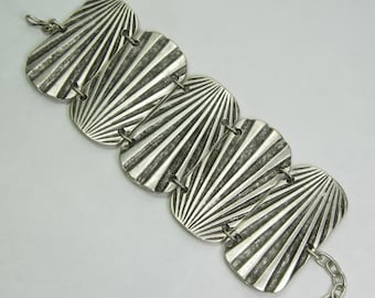 1980s Big Statement Bracelet Heavy Cast Silvertone Metal Art Deco Revival