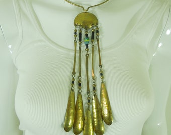 Big Statement 1960s Modernist Studio Necklace 9.5 Inch Drop Brass Glass Beads Egyptian Revival
