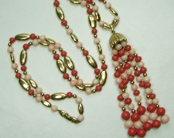 1970s Monet Coral Glass Long Pendant Necklace Runway Chain Strung 4.25 Inch Pendant on 30 Inch Chain