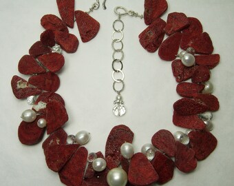 Vintage Studio Necklace Red Sponge Coral Rock Crystal Pearls Sterling Silver Modernist Statement