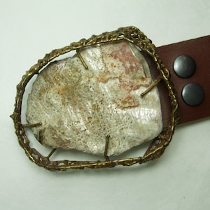Huge 1960s Brutalist Abalone Bronze Belt Buckle on Fitted Leather Belt Unsigned Anne Dick Modernist image 1