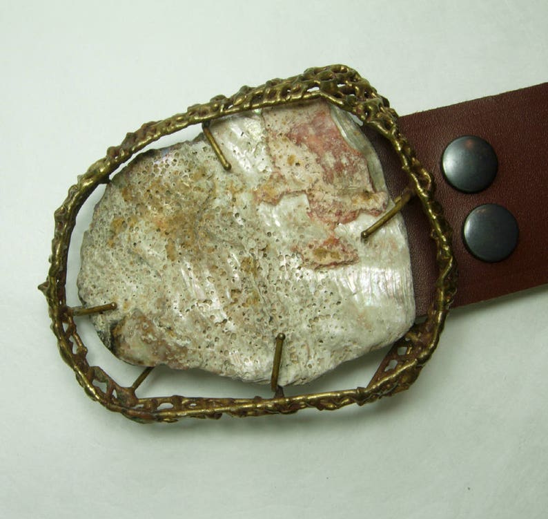 Huge 1960s Brutalist Abalone Bronze Belt Buckle on Fitted Leather Belt Unsigned Anne Dick Modernist image 1